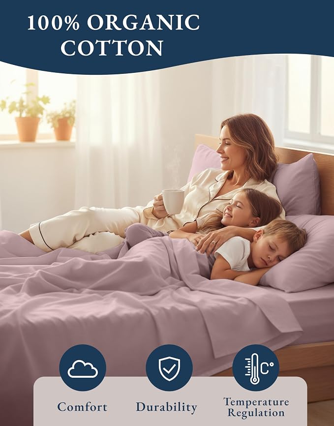 LANE LINEN Queen Sheet Set 100% Organic Cotton Soft 4pc Percale - Lilac | Queen Sheet Set, Organic Cotton Percale - Crisp, Cool & Breathable, For Hot Sleepers, All-Season Comfort, For Master Bedrooms