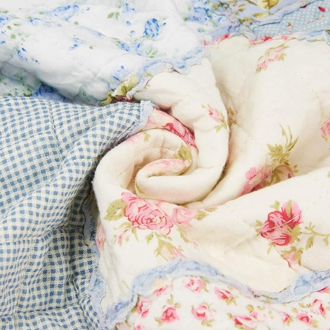 Cozyholy Original 100% Cotton Quilt Twin Size Blue Floral Patchwork Quilts, Lightweight Reversible Bedspread Quilted Throw Blanket, Vintage Shabby Chic Cottage Bedding Coverlet for Bed Couch Sofa