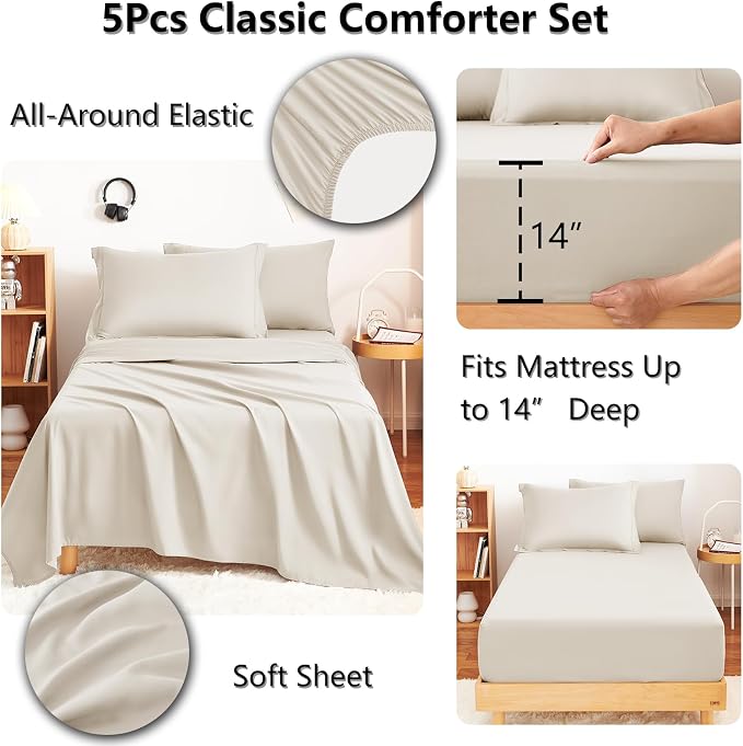 Twin XL Comforter Set with Sheets Beige - 5 Pieces Bed in a Bag | College Dorm Essentials, OEKO-TEX Certified, All Season, 240GSM Down-Alternative Comforter, Sheets, Pillowcase & Sham