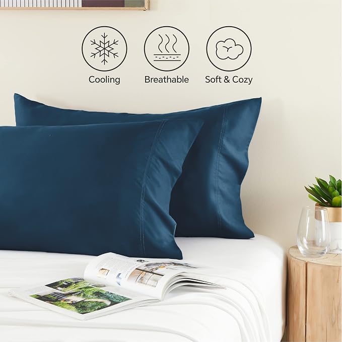 BEDELITE Pillow Cases Standard Size 2Pcs, Rayon from Bamboo, Navy Blue | Cooling and Breathable Pillow Cover for Hot Sleepers & Night Sweats, Silky Soft Cozy, Envelope Closure, 20"x26"