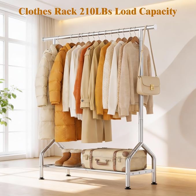 Sturdy Clothing Racks with Shelf, Metal Clothes Rack with Leveling Feet for Hanging Clothes, Freestanding Garment Coat Rack for Bedroom, Apartment & Small Spaces, Silver