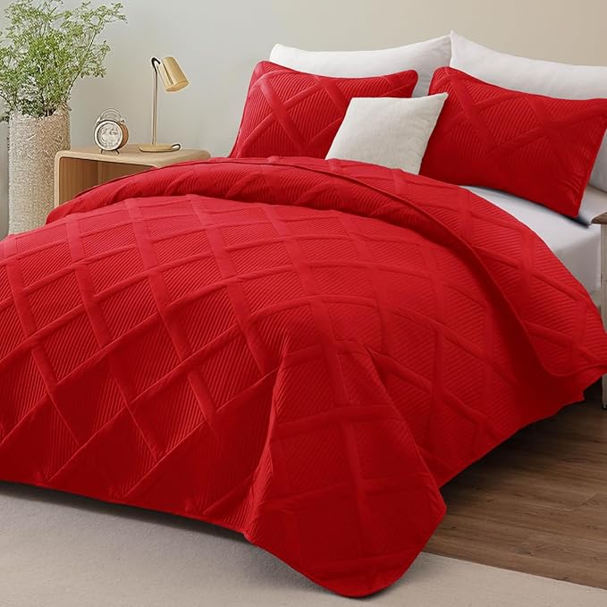 Exclusivo Mezcla Twin Size Quilt Set, Red | Soft Bedspreads with 1 Pillow Sham, Modern Striped Pattern, Lightweight Bedding Set Coverlets for All Seasons, 68x88 Inch