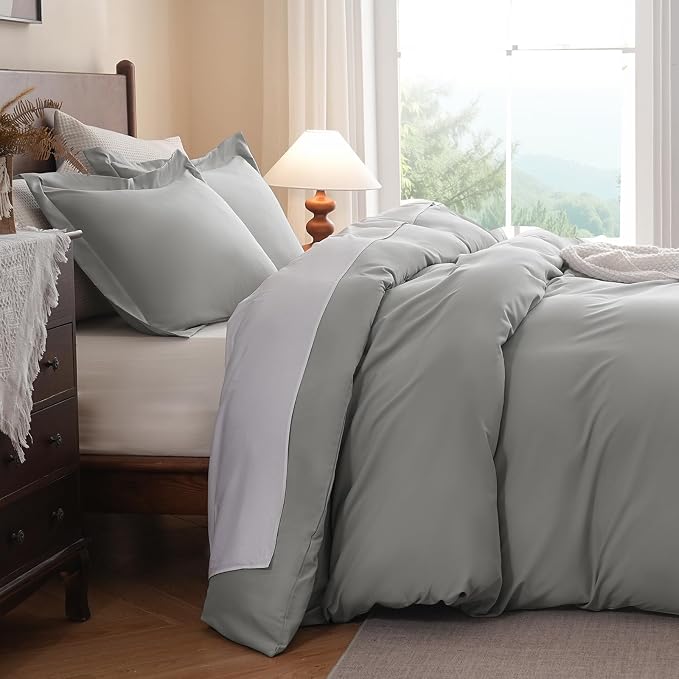 FreshCulture Duvet Cover Queen Size - 3 Pieces Microfiber Duvet Cover Set with Zipper Closure - Lightweight & Easy Care - 1 Comforter Cover & 2 Pillow Shams - Comforter Not Included (Light Grey)