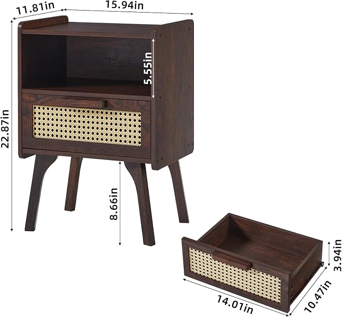 Lerliuo Rattan Nightstands Set of 2, Bedside Table with Drawer Open Shelf | Cane Accent Side End Table with Solid Wood Legs, Walnut Vintage Night Stand for Bedroom, Dorm and Small Spaces