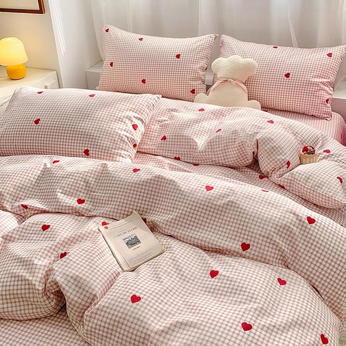 Nayoroom Gingham Duvet Cover Queen Size Pink Plaid Red Heart Printed on White Bedding Set 3 Pcs Kids Girls Cute Heart-Shaped Comforter Cover with Zipper Closure Soft Breathable Microfiber