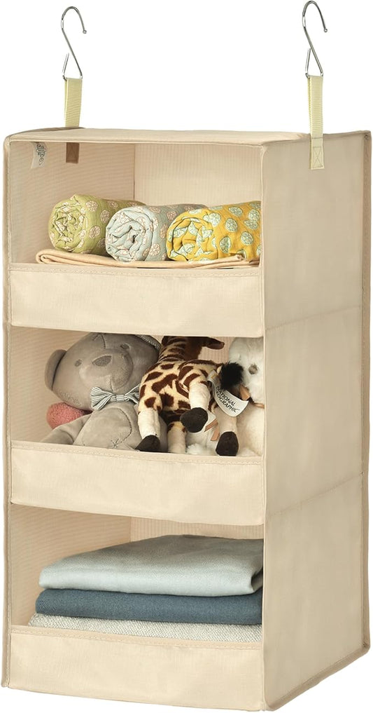 GRANNY SAYS 3-Shelf Hanging Closet Organizer, Foldable Storage, Khaki | 33 lb Capacity, No-Sag Support, Keeps Clothes Neat, Folds Flat, Fits RV, Dorm & Small Closets