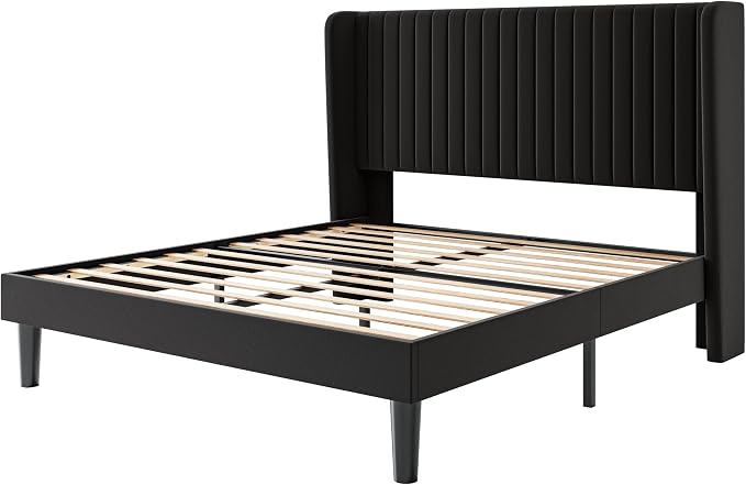 SHA CERLIN Full Size Velvet Bed Frame, Tufted Wingback Headboard, Black | 47'' Modern Vertical Channel Headboard, Upholstered Platform Bed, Wood Slats, No Box Spring Needed, Easy Assembly, Noise Free