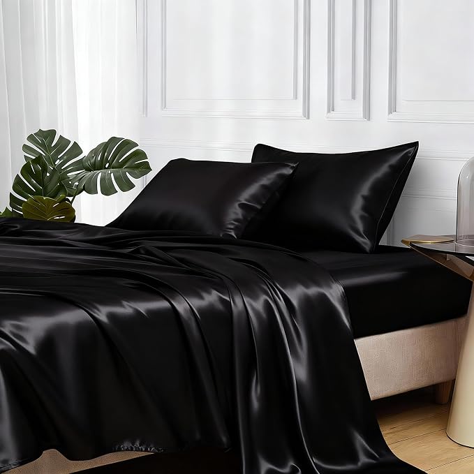 MR&HM Satin Sheets Queen Size with Elastic Corner Straps, Black | Similar to Silk, 4-Piece Silky Soft Bed Sheet Set, Gentle on Skin and Hair, 15" Deep Pocket, Cooling & Breathable