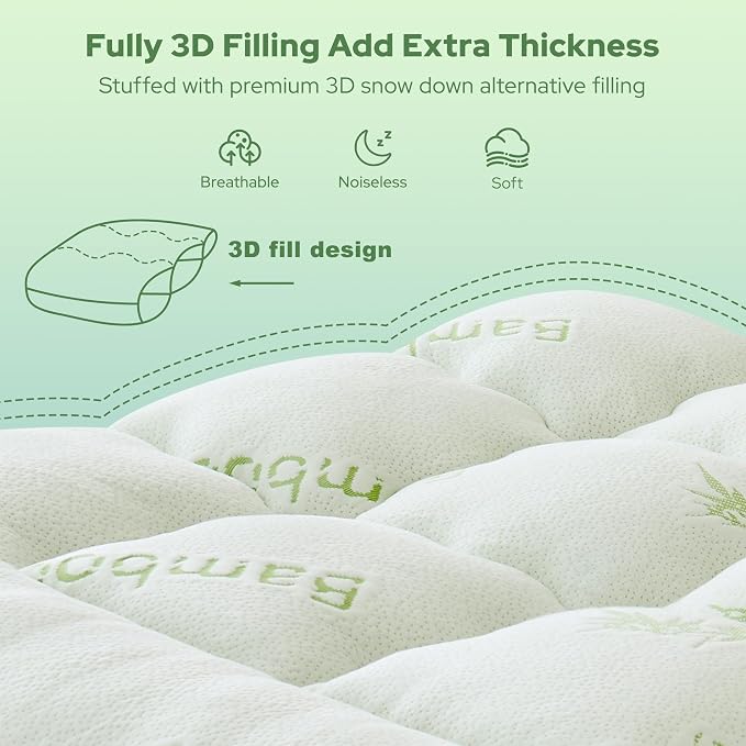 BEDLORE Twin XL Mattress Topper Viscose Bamboo, Pillow Top Mattress Pad | Deep Pockets Fit 6”-15” Mattress, Soft Breathable Thick Dorm-Size Mattress Topper for Students and Hot Sleepers(Green)
