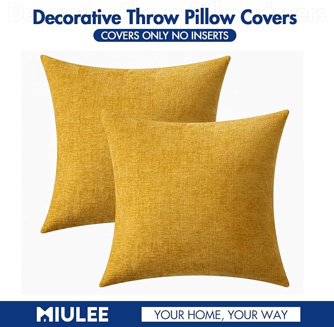 MIULEE Soft Chenille Throw Pillow Covers Mustard Yellow 20x20 Pack of 2 | Modern Home Decor, Classic Decorative Pillows, Solid Dyed Cases, Boho Couch Cushion Covers for Sofa Bed Living Room
