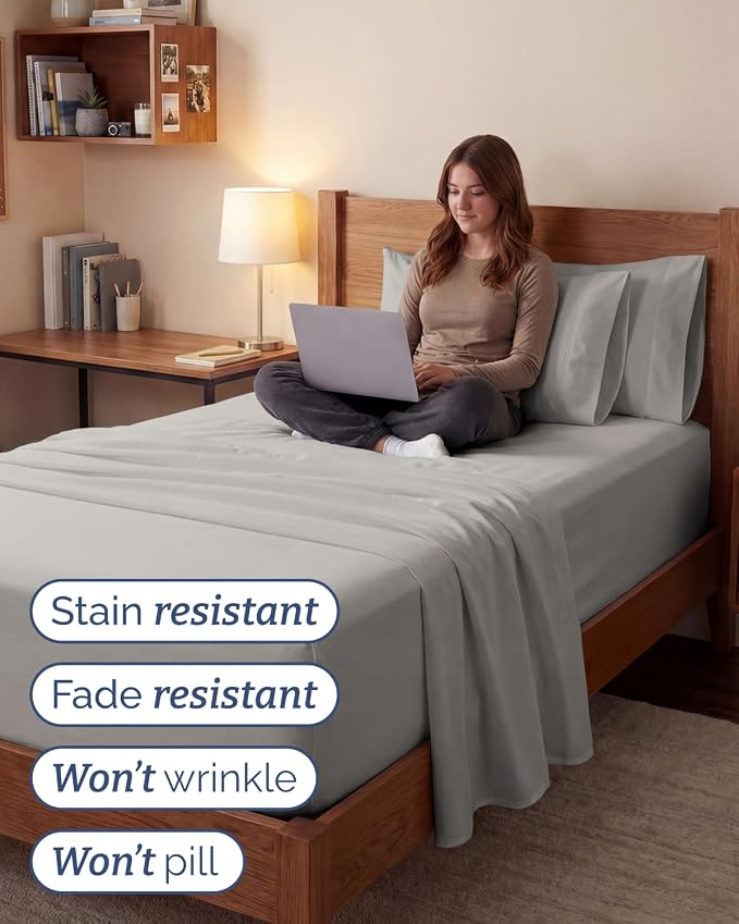 Extra Deep Twin XL Sheet Set - 4 Piece College Dorm Room - French Grey | College Dorm Room Essentials, Easy & Secure Fit, Ultra-Soft, Wrinkle & Fade Free, Comfy Sheets Set with Extra Deep Pockets
