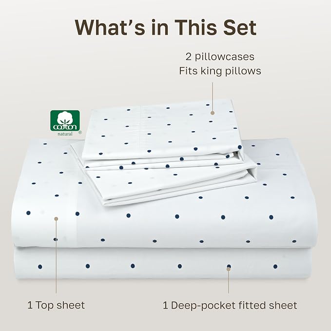 California Design Den Soft 100% Cotton Cal King Sheet Set, Polka Dot Print | 400 Thread Count Backed by Good Housekeeping Seal, 16" Deep Pocket, All-Around Elastic, Durable, Easy Care