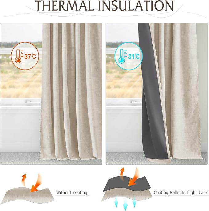 RYB HOME 100% Blackout Pinch Pleated Linen Curtains, Back Tab Drapes Privacy Thermal Insulating for Living Room Kitchen Dining Bay Window, W 42 x L 84 inches, Linen, 2 Panels