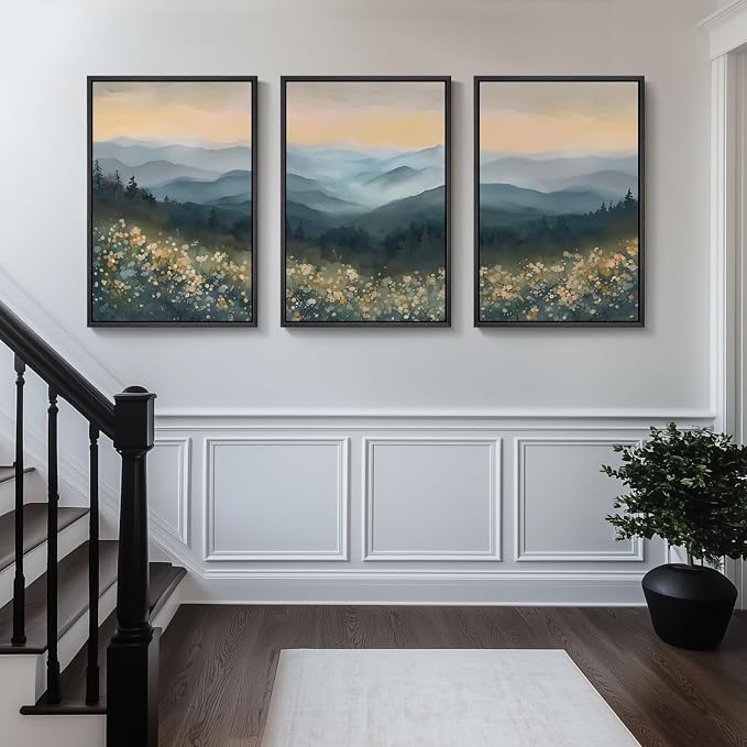 Large Framed Mountain Wildflower Landscape Wall Art for Living Room, 24x36 | Modern, Watercolor, Canvas artwork, Blue, Nature, Foggy scenery, Living room, Bedroom wall decor, Ready to hang, Wood frame