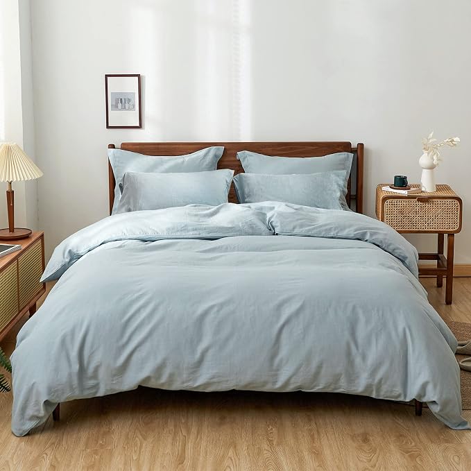 Simple&Opulence 100% Washed Linen Duvet Cover Set 5pcs(1 Duvet Cover& 2 Shams& 2 Pillowcases) Basic Style Natural French Flax Soft Breathable Farmhouse Bedding (King, Dusty Blue)