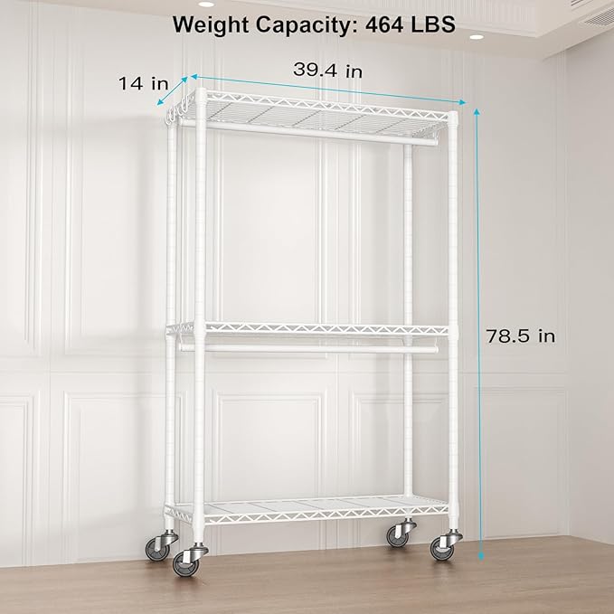 FUTASSI Rolling Clothes Rack, Clothing Racks for Hanging Clothes, White | P3 Heavy Duty Garment Rack with Wheels, Freestanding Portable Closet Racks 39.4'' W x 14'' D x 78.5'' H, Max Load 470 LBS