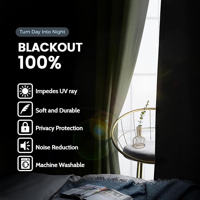 SimpleHome Light Sage 100% Blackout Curtains Room Darkening Living Room 96 | Curtains for Bedroom,Thermal Insulated Grommet Window Drapes,Curtains for Living Room with Black Back,52 x 96 Inch,2 Panels