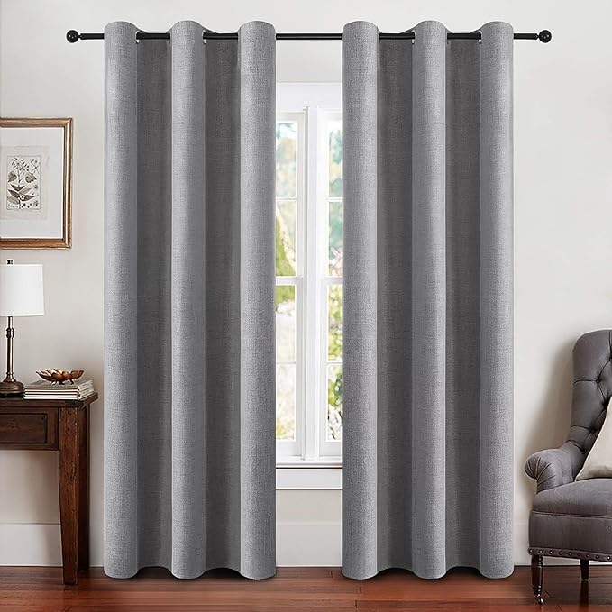 MIULEE 100% Blackout Linen Curtains for Bedroom 42x84 Inches Grey | Room Darkening, Light Blocking, Thermal Insulated, Grommet Top, Linen Textured, Window Curtains for Living Room, 2 Panels