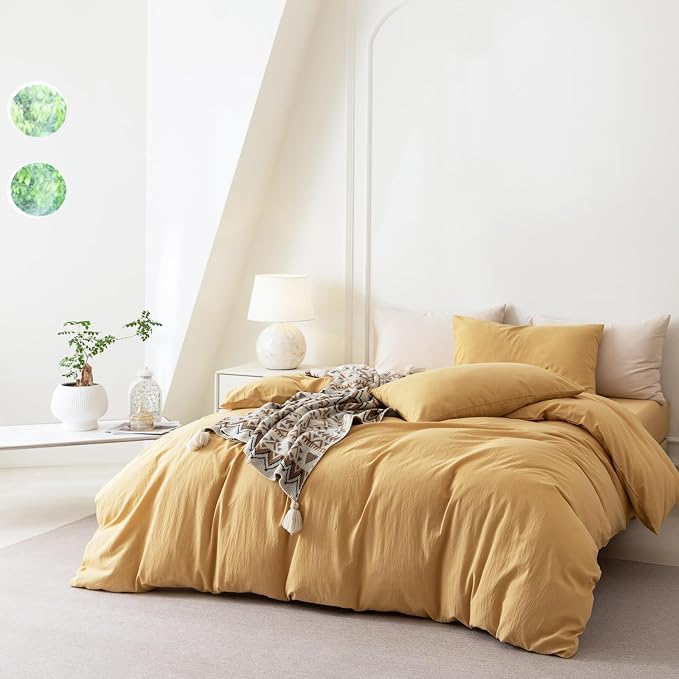 BDEAR 3Pcs Ginger Yellow Duvet Cover Set King Size 104" W x 90" L, Oeko TEX | 100% Washed Cotton, 1 Duvet Cover with 2 Pillowcases, Zipper Closure, 8 Corner Ties,Linen-Liked Texture, Skin Friendly
