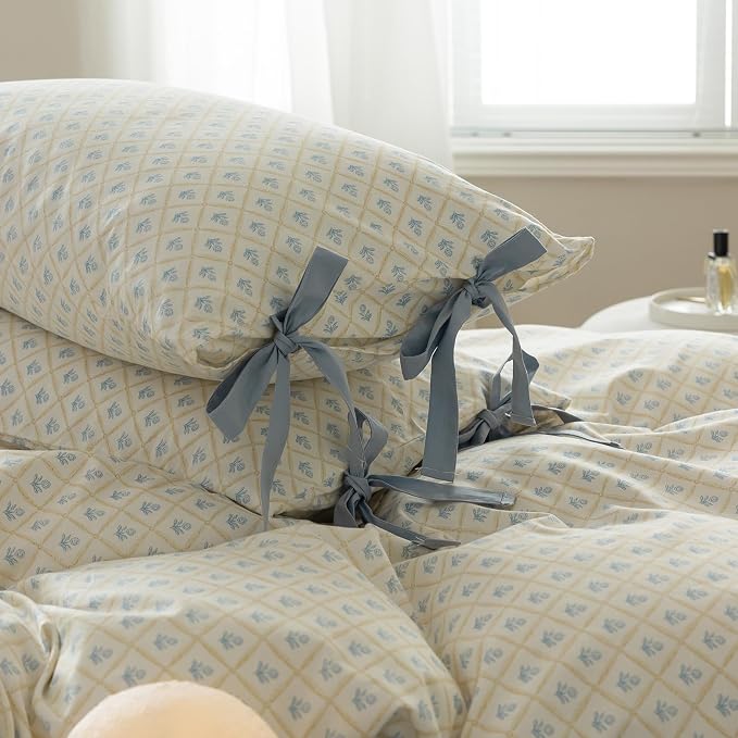 mixinni Blue Floral Duvet Cover Twin Size- 3 Piece Cottagecore Bedding Set with Bow Ties & Zipper Closure, 100% Cotton Soft Aesthetic Comforter Cover for Girls, Lightweight Breathable Country Style