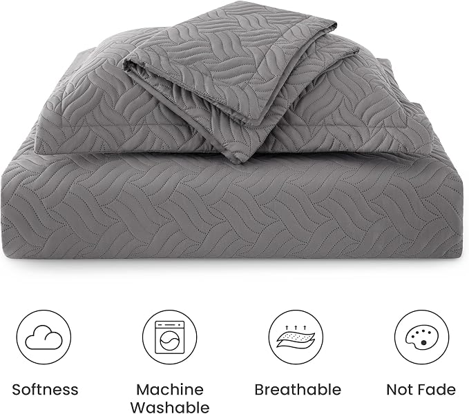 Love's cabin Quilts for Queen Bed Grey Bedspreads Bedding Set - Summer Lightweight Bedspread Comforter - Wave Pattern Bedding Coverlet for All Season - 3 Pieces (1 Quilt, 2 Pillow Shams)