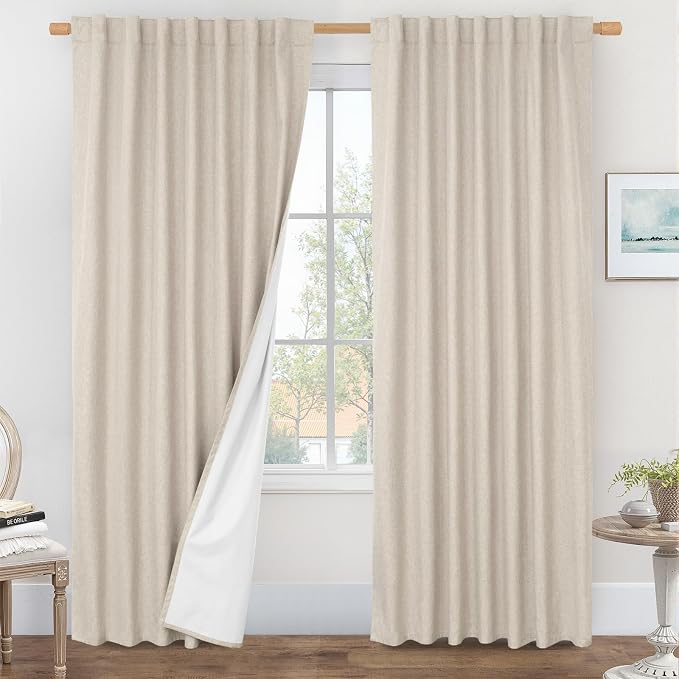 Oatmeal 100% Blackout Linen Curtains 84 Inch for Living Room 2 Panels | Linen Textured, Farmhouse Curtains, Room Darkening, Panels for Bedroom, Rod Pocket Back Tab, with White Liner, 60 x 84 Inch