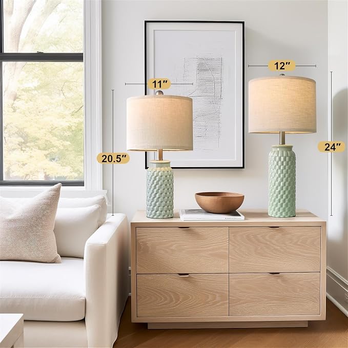 USumkky 24" Modern Ceramic Green Bedside Lamp Set of 2 Table Lamp for Bedroom Decor Farmhouse Table Lamp for Living Room Office Dorm