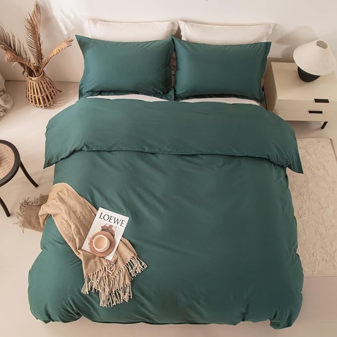 OAITE Duvet Cover Set 100% Washed Cotton Solid 3pcs | Soft,Durable,Long-staple Cotton,Hidden Zipper with 8 Interior Corner Ties,2 Pillowcases