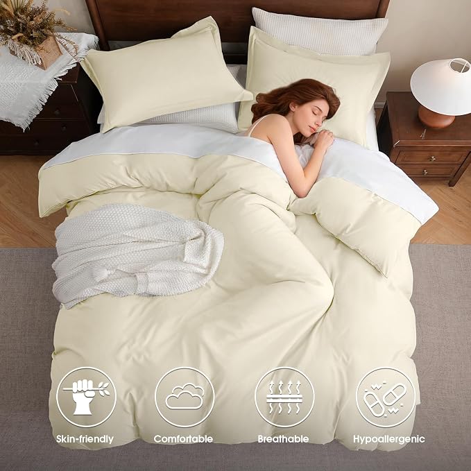 FreshCulture Duvet Cover Queen Size - 3 Pieces Microfiber Duvet Cover Set with Zipper Closure - Lightweight & Easy Care - 1 Comforter Cover & 2 Pillow Shams - Comforter Not Included (Ivory)