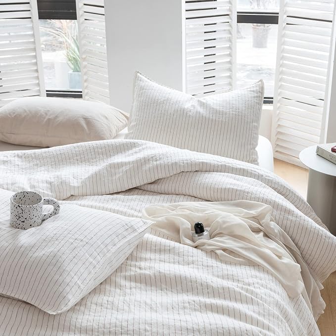 Simple&Opulence 100% Linen Duvet Cover Set 3pcs Yarn Dyed Vertical Pinstripe Ticking Pattern Natural French Washed Flax Breathable Farmhouse Bedding - Cinnamon Stripe, King Size
