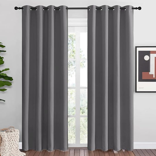 NICETOWN Gray Blackout Curtains for Bedroom 55" Wide x 86" Long 2 Panels | 3 Pass Microfiber Noise Reducing Thermal Insulated Solid Ring Top Window Drapes, Light Blocking Decor for Living Room Kitchen