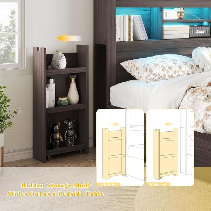 LUXOAK Full Bed Frame with Storage, Bookcase Headboard, Black | 49.6" Headboard, Wood Platform Bed, Charging Station, Bedside Storage, 4 Storage Drawers, No Box Spring Needed, Farmhouse
