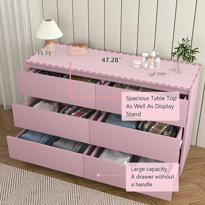 Vibe & Dine 6 Drawer Double Dresser, Modern Chest of Drawers with Wide Storage for Closet, Bedroom, Living Room, Pink