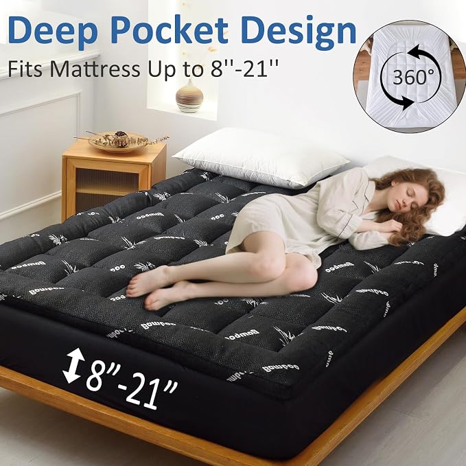 Favorland Mattress Topper King Size - Cooling Extra Thick Breathable Viscose Made from Bamboo Mattress pad - Soft Quilted Fitted Mattress Cover with 900 GSM Down Alternative Fill (8-21”Deep Pocket)