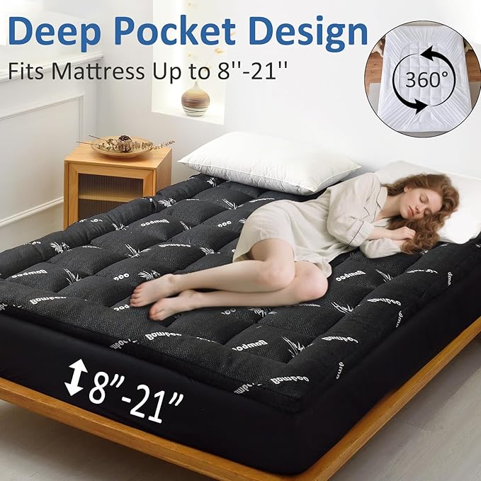 Favorland Mattress Topper Queen Size - Cooling Extra Thick Breathable Viscose Made from Bamboo Mattress pad - Soft Quilted Fitted Mattress Cover with 900 GSM Down Alternative Fill (8-21”Deep Pocket)