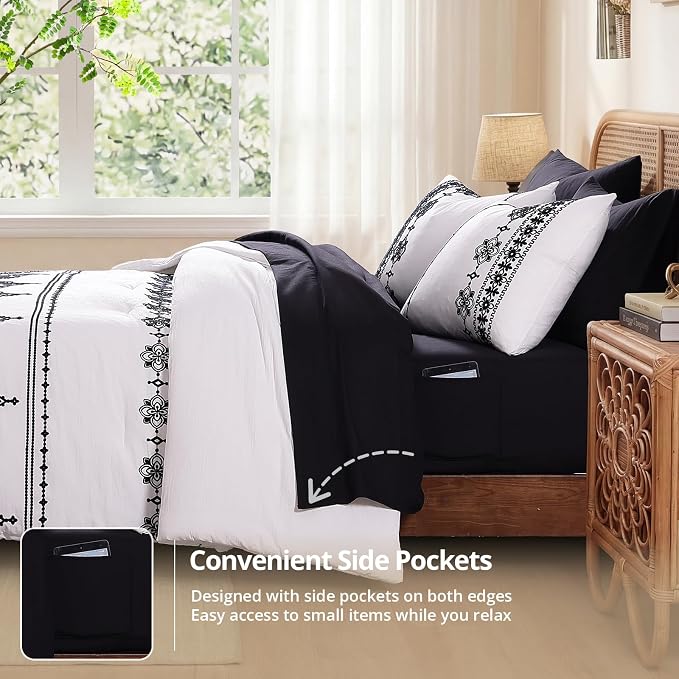MaiRêve Queen Comforter Set Embroidery Floral 7 Pieces Bed in a Bag | Frost White Boho Farmhouse Bedding Sets with Comforter, Sheets, Pillowcases & Shams