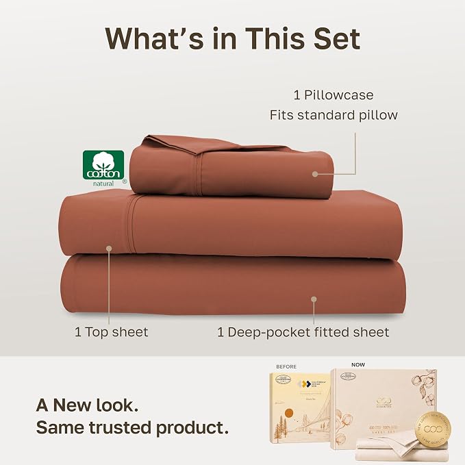 California Design Den Soft 100% Cotton Twin Size Bed Sheet Set, 3 Pcs, Rust | 400 Thread Count Backed by Good Housekeeping Seal, All-Around Elastic, Durable, Easy Care, OEKO-TEX certified
