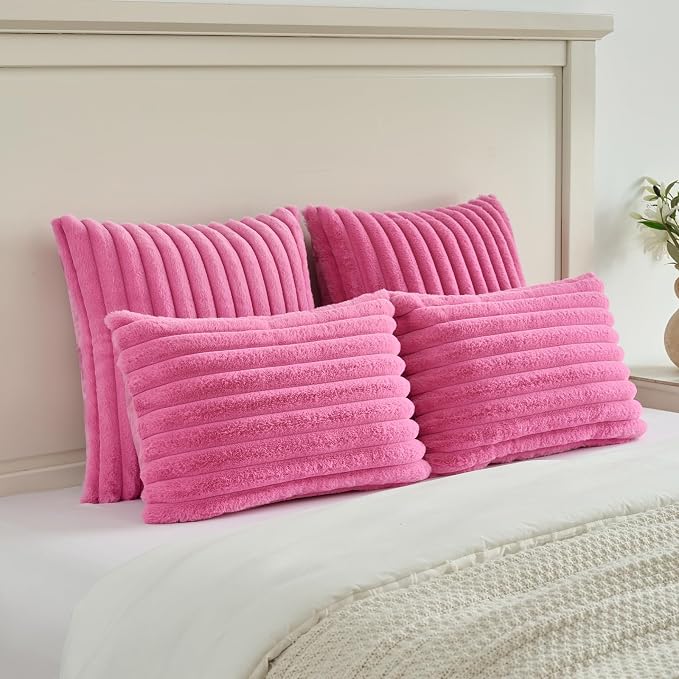 FUTEI Pack of 2 Faux Fur Throw Pillow Covers 12x20 Inch, Hot Pink | Fluffy Faux Rabbit Fur Front/Premium Velvet Back,Hidden Zipper,Machine Washable,Non-Shedding,Colorfast,Insert Not Included.