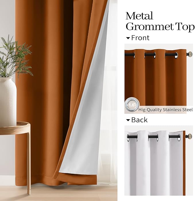 COSVIYA Grommet Brunt Orange 100% Blackout Curtains 63 inch for Bedroom | 2 Thick Layers Full Room Darkening Thermal Insulated Curtain,Grommet Window Drapes for Living Room, 52x63 Inch, 2 Panels