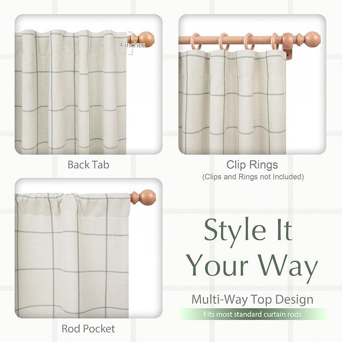 DriftAway 100% Blackout Plaid Linen Curtains W52xL63 Loden Green | 100% Blackout, Linen Texture, Plaid Pattern, Two Layers, Rod Pocket & Back Tab, Bedroom Living Room Use, Luxury Appearance