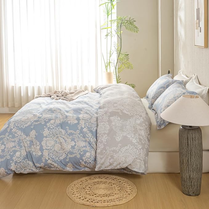 OAITE King Duvet Cover Set 3pcs 100% Cotton with Blue Damask Vintage Floral | Soft, Breathable,Long-lasting,Comfort,Dual Zipper,8 Corner Ties,Easy Care for All Season