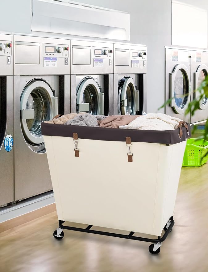 StorageWorks 320L Laundry Basket with Wheels, Rolling Hampers for Clothing | Extra Large Beige Laundry Basket with Wheels, Metal Frame & Handles, Hamper for Bedroom, Bathroom, Hotel