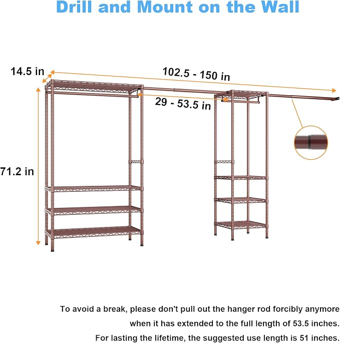 Ulif E11 Heavy-Duty Closet Garment Rack, Metal Clothes Rack, Load 1034lbs | Bronze Freestanding Expandable Clothing Storage Organizer System for Hanging Clothes, (73.2-97.6)"W x 14.5"D x 71.2"H