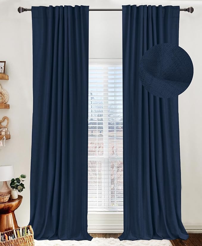 Faux Linen Total Blackout Curtains for Bedroom 84 Inch Long Midnight Blue | 100% Blackout Shield, Back Tab/Rod Pocket Living Room Drapes, Thermal Insulated Blackout Curtains 2 Panels Set, 50"W x 84"L
