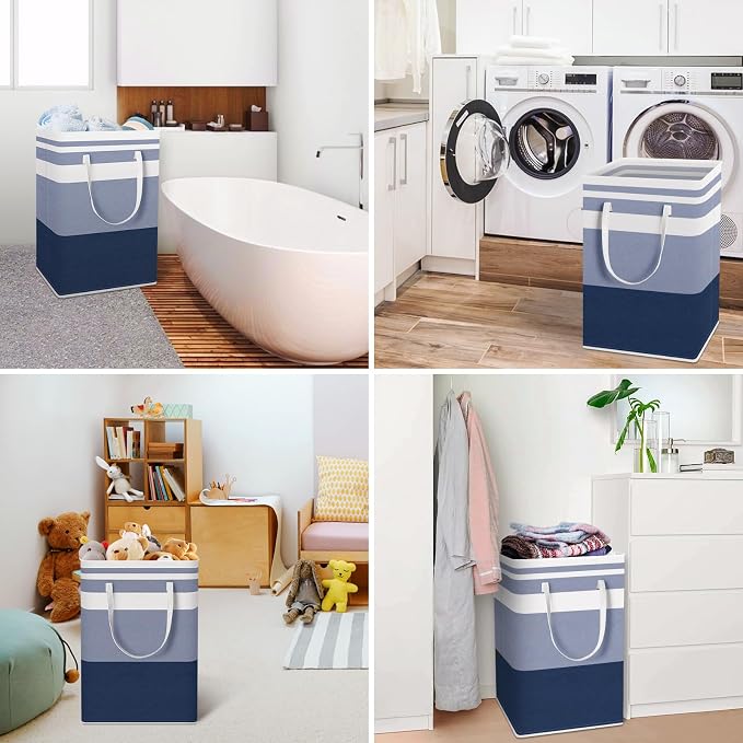 HomeHacks 2 Pack Large Laundry Baskets, Laundry Hampers Bags (Blue 75Lx2) | Waterproof, Freestanding, Collapsible Clothes Hamper with Reinforced Handles in Laundry Room, Dorm, Bathroom, Bedroom