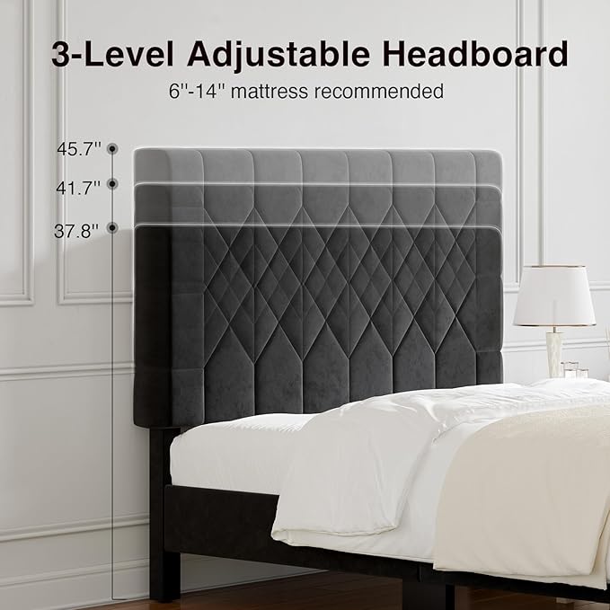 Novilla Queen Bed Frame with Headboard, Bed Frame Queen Size with Wood Slats Support, Velvet Upholstered Pull-Point Headboard, No Box Spring Needed, Heavy Duty Feet, Easy Assembly, Black Velvet