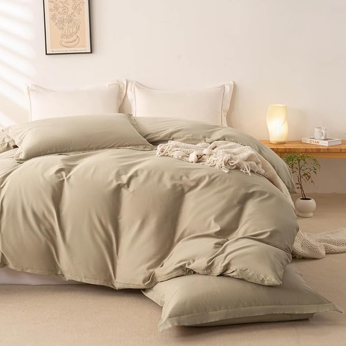 OAITE Duvet Cover Set 100% Washed Cotton Solid 3pcs | Soft,Durable,Long-staple Cotton,Hidden Zipper with 8 Interior Corner Ties,2 Pillowcases