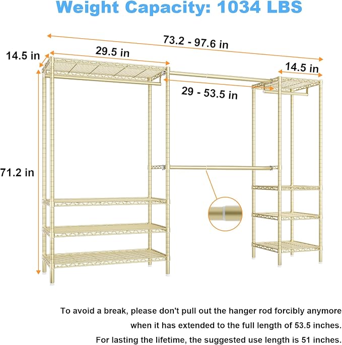 Ulif E11 Heavy-Duty Garment Rack, Metal Clothes Rack, Load 1034lbs, Gold | Freestanding Expandable Closet Storage Organizer System with 8 Shelves and 4 Hanger Rods, (73.2-97.6)"W x 14.5"D x 71.2"H