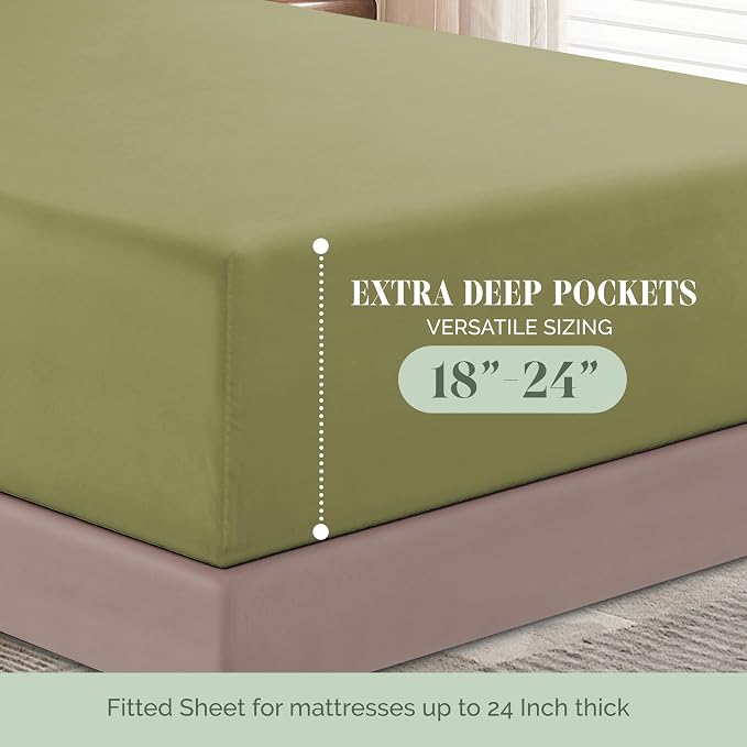 Elegant Comfort Luxurious 1500 Premium Hotel Quality Microfiber 4-Piece Sheet Set, 18-24 Inches Deep - Extra Deep Pocket Sheets - Ultra Soft 4PC Deep Pocket Sheets, Queen, Sage/Green