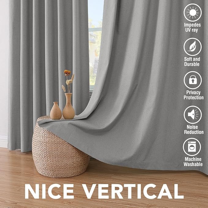 H.VERSAILTEX Blackout Curtains Linen Curtains 120 inches Long 100% Black Out Curtains for Bedroom Windows, Textured Linen Look Draperies Grommet with White Liner, 2 Panels, Dove Gray